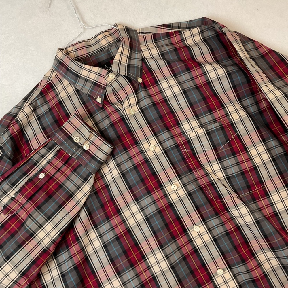 Jos A Bank Traveler's Collection Mens XL Plaid Button Down Shirt Red Tan Cotton